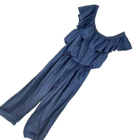 ASHLEY STEWART! BLUE DENIM RUFFLED SHOULDER ONE PIECE JUMPSUIT, ONESIE! SZ 22 - Picture 10 of 10